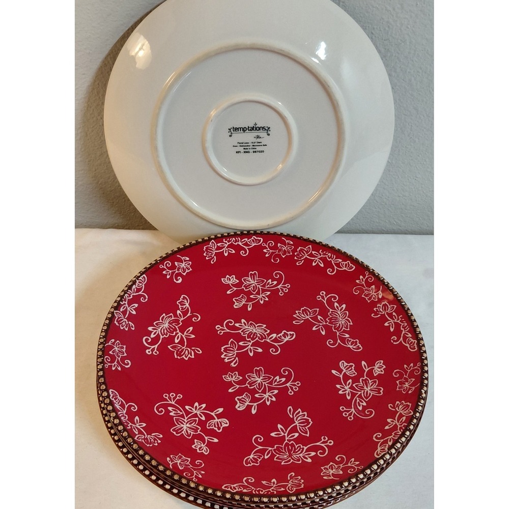 Temp-tations by Tara Floral Lace Red 10.5" Dinner Plates Set of 4 Replacement - Picture 4 of 4